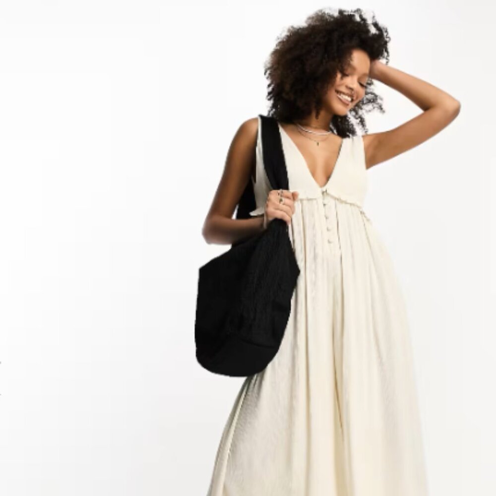 ASOS DESIGN tiered crinkle frill smock jumpsuit in oatmeal